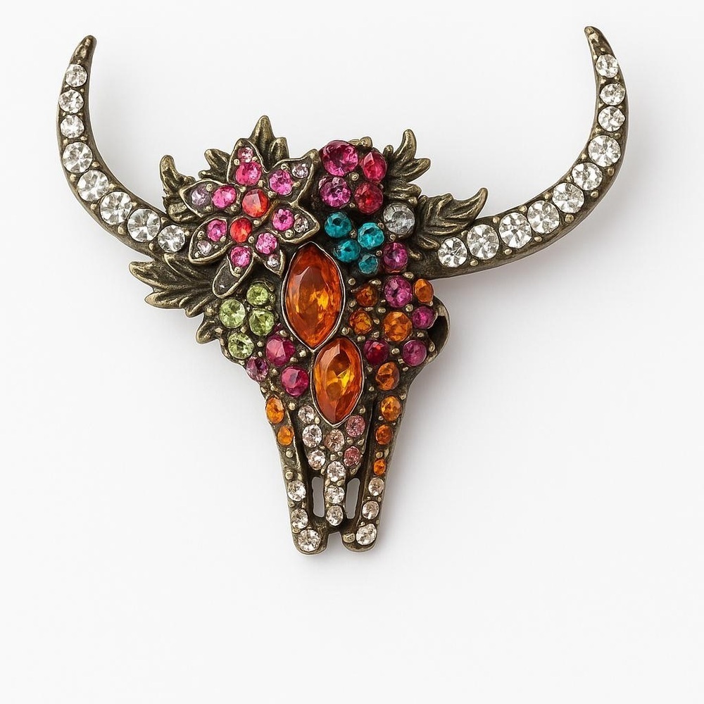 Colorful Rhinestone Bull Skull Brooch. - Picture 1 of 8